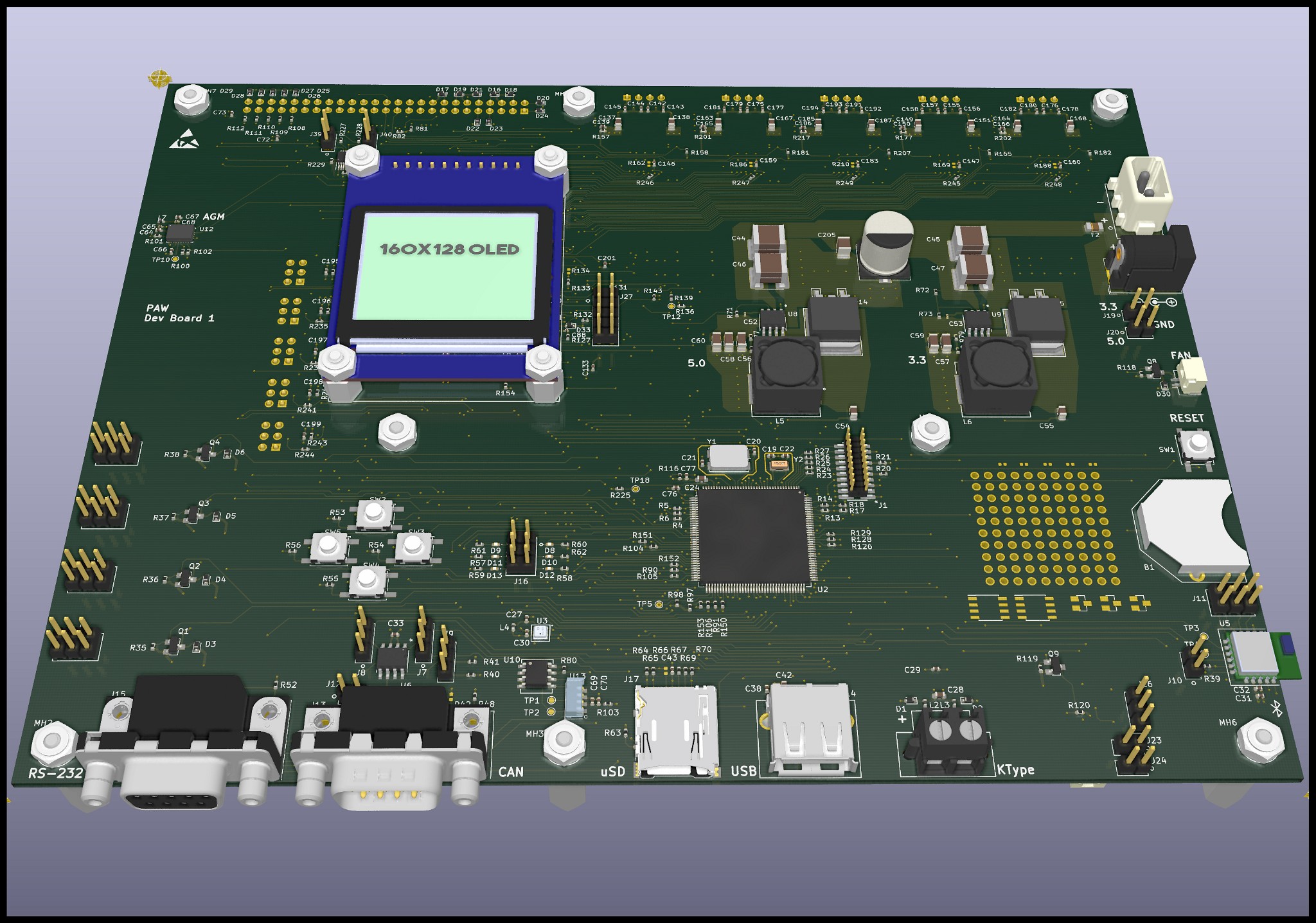 Top of PCB as rendered by KiCad